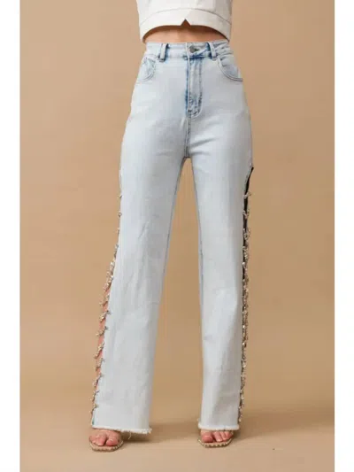 Blue B Denim Stretch Jeans Cut Out Sides With Jewels In Light Wash