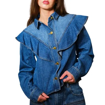 Blue B Diagonal Ruffled Long Sleeves Denim Jacket In Med Wash In Blue