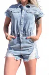Blue B Distressed Embellished Stone Denim Romper In Stone-washed In Blue