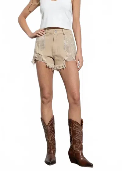 Blue B Distressed Frayed Detail Fringe Rhinestone Denim Shorts In Taupe In Neutral