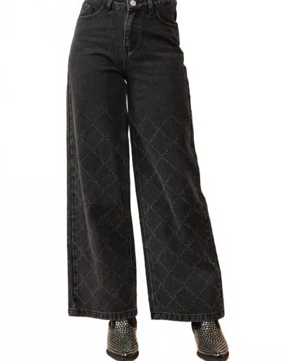 Blue B Distressed Quilted Slash Wide Leg Mid Rise Denim Jeans In Black