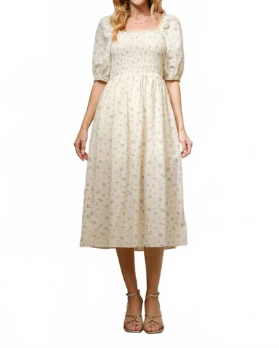 Blue B Ditsy Floral Smocked Square Neck Midi Dress In Cream In Multi