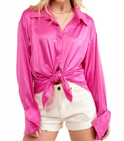 Blue B Dolly Satin Woven Rhinestone Studded Gem Sparkle Shirt In Hot Pink