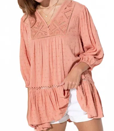 Blue B Dot Challis Embroidered Peplum Top In Clay In Pink
