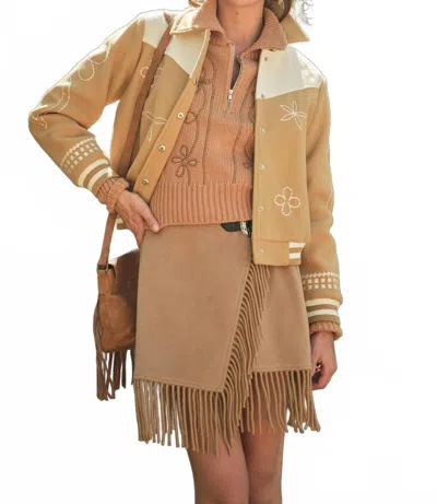 Blue B Embroidered Contrast Bomber Jacket In Taupe In Brown