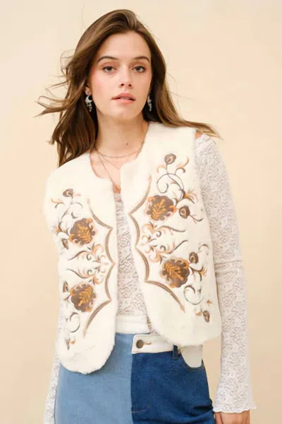 Blue B Embroidered Faux Fur Vest In Off White