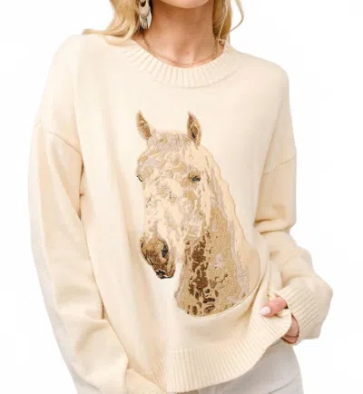 Blue B Embroidered Horse Crew Neck Sweater In Cream In White