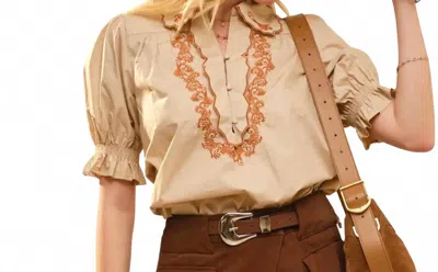 Blue B Embroidered Scallop Collar Puff Sleeve Shirt In Taupe/burnt Orange In Brown
