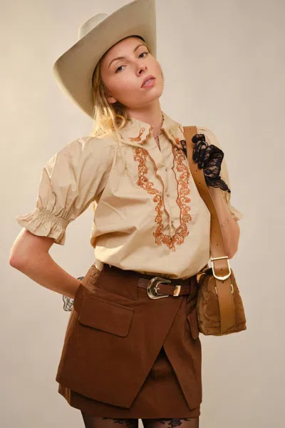 Blue B Embroidered Scallop Collar Puff Sleeve Top In Taupe In Multi