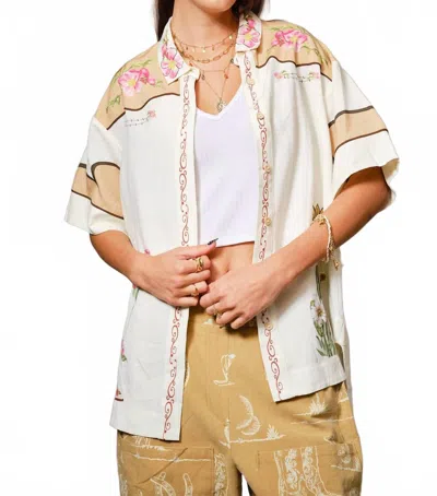 Blue B Embroidered Sequin Floral Linen Blouse In Taupe Multi