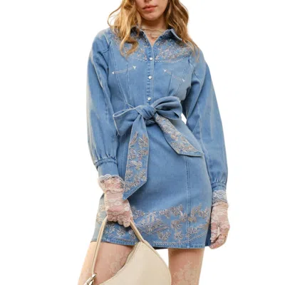 Blue B Embroidery Self Tie Denim Dress In Med Wash In Blue