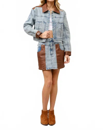 Blue B Faux Leather Color Block Denim Jacket In Light Wash In Blue