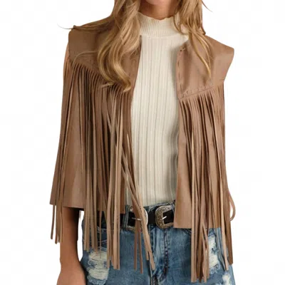 Blue B Faux Leather Fringe Braided Yoke Crop Waist Vest In Brown