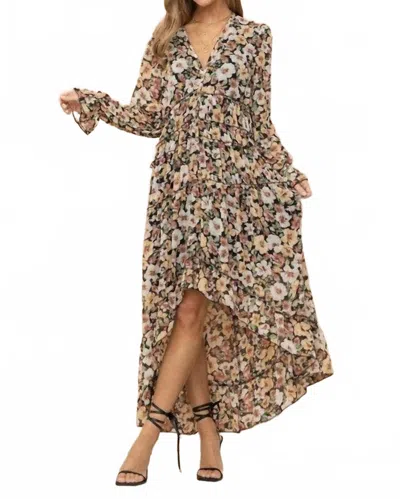 Blue B Floral Print Chiffon Tiered Maxi Dress In Black Floral In Multi