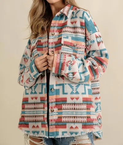 Blue B Frayed Aztec Western Shacket In Teal In Blue