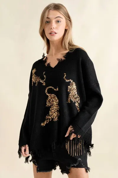 Blue B Frayed V-neck Tiger Sequin Sweater In Black