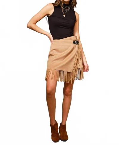 Blue B Fringe Buckle Wrap Mini Skirt In Camel In Multi
