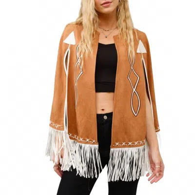 Blue B Fringe Detail Open Cape Jacket In Camel In Brown