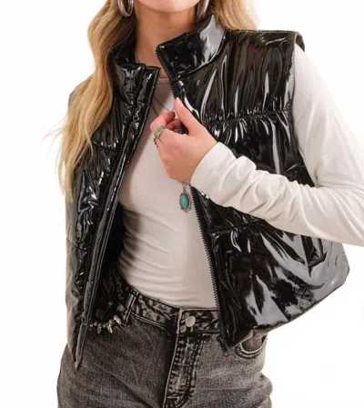 Blue B Gloss Shiny Pu Quilted Puffer Zip Up Crop Vest In Black