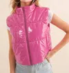 Blue B Gloss Shiny Pu Quilted Puffer Zip Up Crop Vest In Gloss Pink In Multi