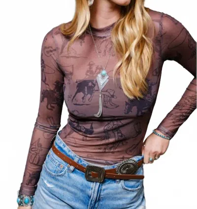 Blue B Grit & Grace Mesh Mock Neck Top In Brown