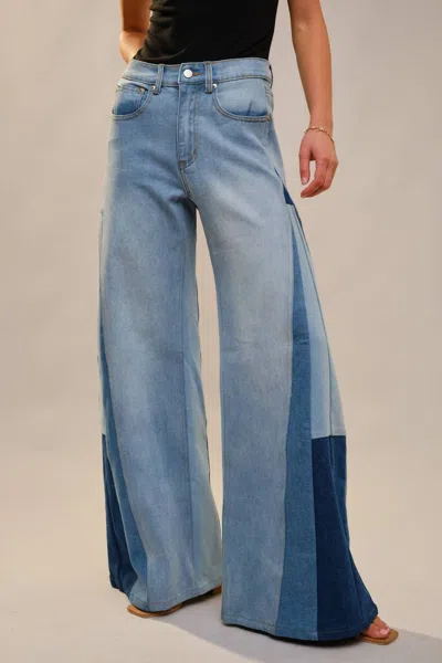 Blue B High Rise Super Wide Leg Color Block Jeans In Medium Wash In Blue