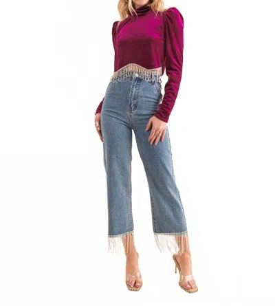 Blue B High Waist Straight Cut Rhinestone Fringe Jeans In Med Wash In Multi