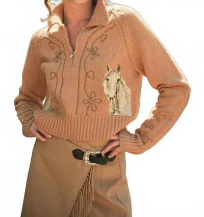 Blue B Horse Embroidered Zip Up Mock Neck Sweater In Taupe In Brown