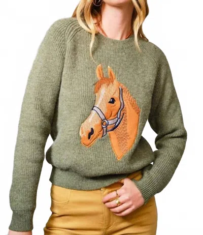 Blue B Horse Embroidery Sweater In Olive In Green