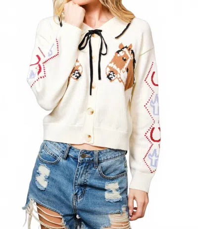 Blue B Horse Face Bow Tie Knit Cardigan In Cream In White