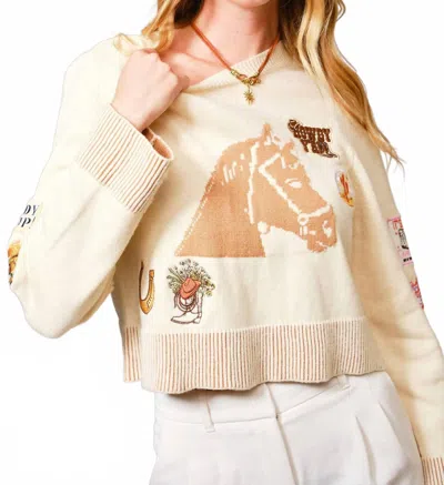 Blue B Horse Graphic Western Patch Sweater In Ivory In Nude
