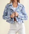 Blue B Jacquard Aztec Crop Moto Jacket In Blue In Blue