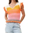 Blue B Keesha Crochet Knitted Multi Stripe Ruffle Sleeve Top In Orange Multi In Multi