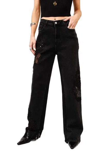 Blue B Lace Patchwork Straight Leg Jeans In Black