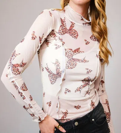 Blue B Leopard Bow Sheer Mesh Mock Neck Top In White
