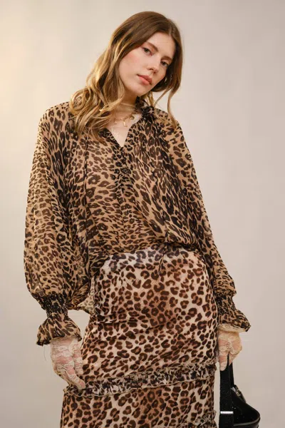 Blue B Leopard Peasant Blouse In Animal Print In Brown