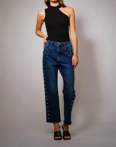 Blue B Metal Studded High Rise Straight Leg Jeans In Dark Wash In Black