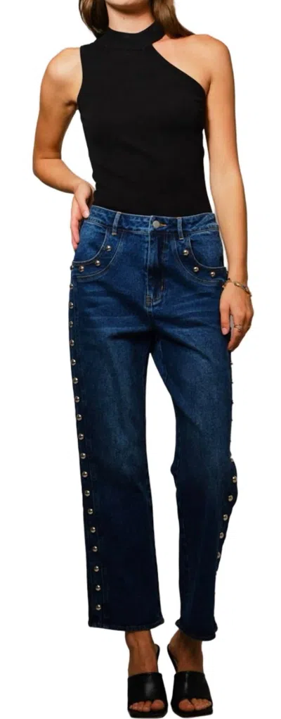 Blue B Metal Studded Mid Rise Straight Fit Jeans In Blue In Black
