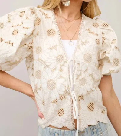 Blue B Metallic Embroidered Tie Front Scallop Hem Top In Beige In Neutral