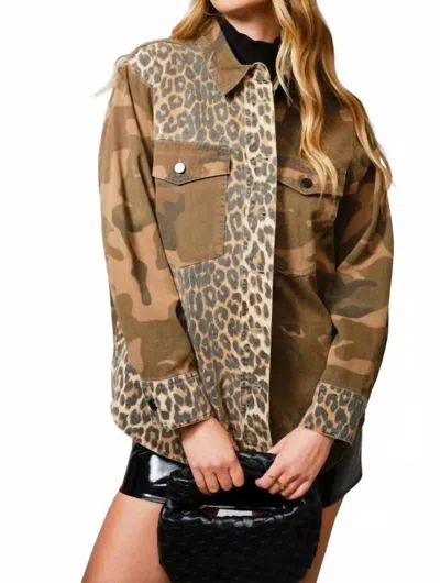 Blue B Mix Media Snap Jacket In Camo Leopard In Brown