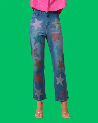 Blue B Nellie Star Bedazzled Wide Leg Jeans In Denim In Blue