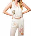 Blue B Open Knit Seashell Embroidered Top In Off White In White
