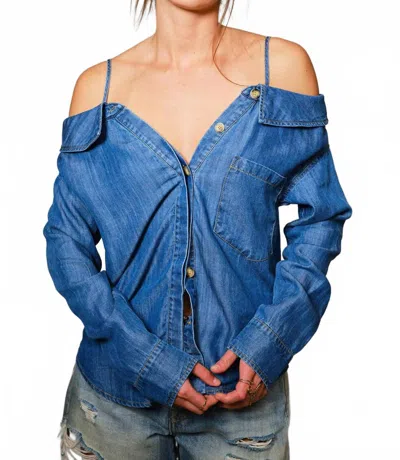 Blue B Out Of Office Off Shoulder Shirt In Medium Wash In Multi