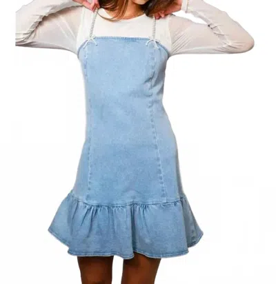 Blue B Pearl Strap Stretch Denim Mini Dress In Light Wash In Blue