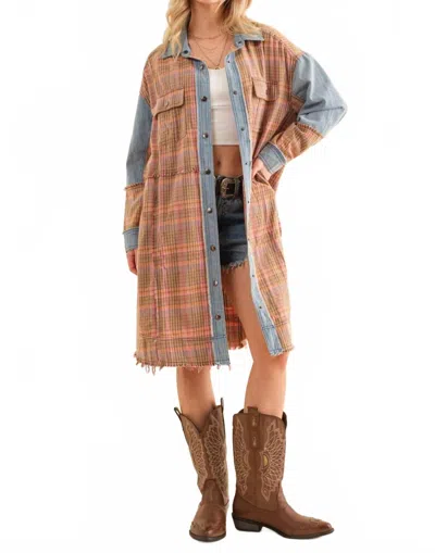 Blue B Plaid Denim Snap Up Shirt Jacket In Orange