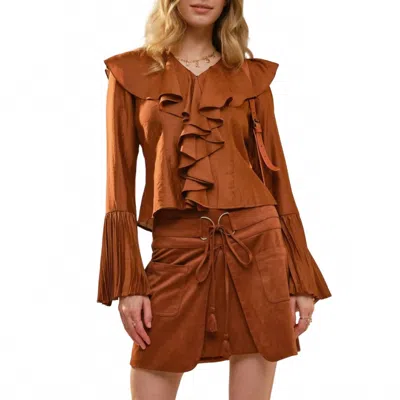 Blue B Pleated Ruffle Detail Blouse In Rust In Brown