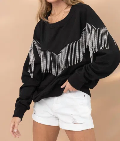 Blue B Rhinestone Fringe Pullover Top In Black