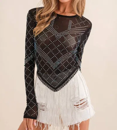 Blue B Rhinestone Mesh Fringe Long Top In Black