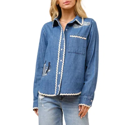 Blue B Ric Rac Embroidered Western Denim Top In Indigo