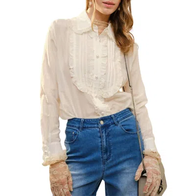 Blue B Ruffle Pleated Pearl Button Blouse In Off White In Neutral